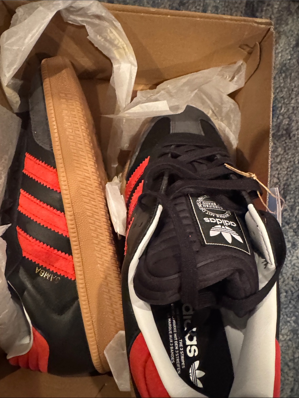 adidas Samba Sneakers — Black with Red Accents and Gum Sole - Picture 5 of 8